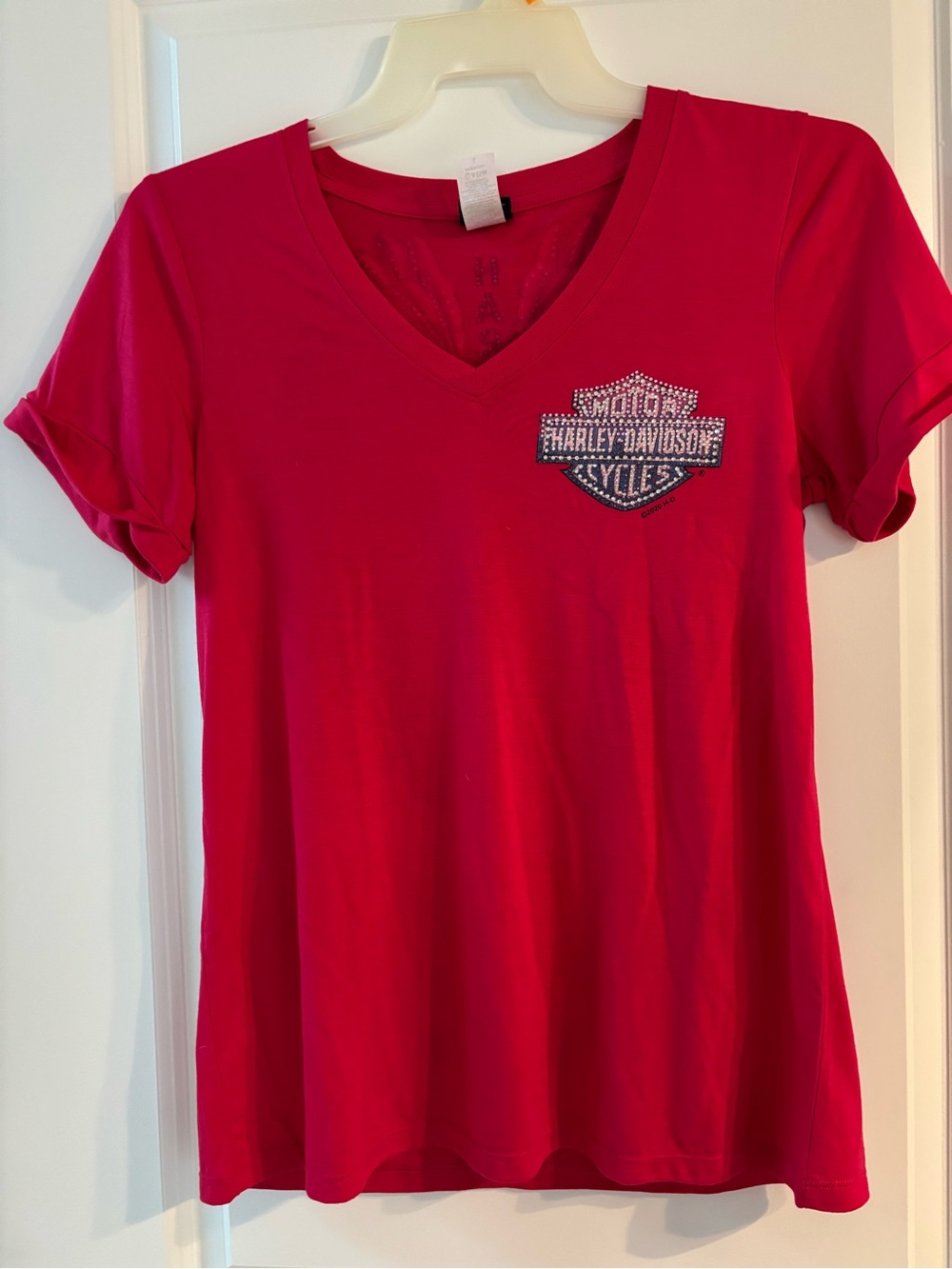 Harley-Davidson Women's V-Neck Tee in Bright Red with Rhinestone Logo